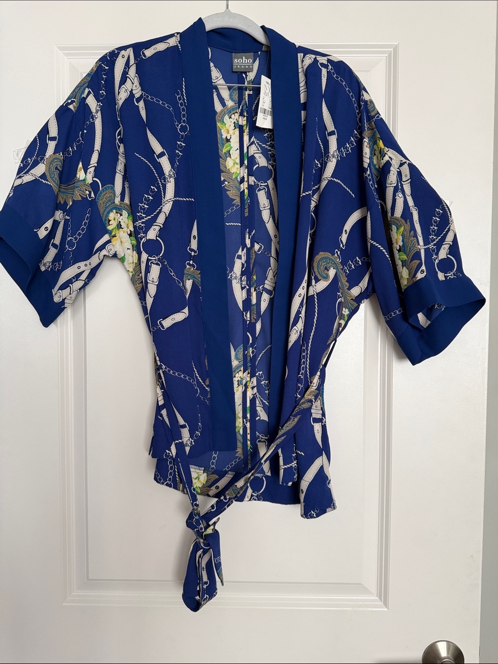 Soho Blue Chain-Print Tie-Front Kimono Top